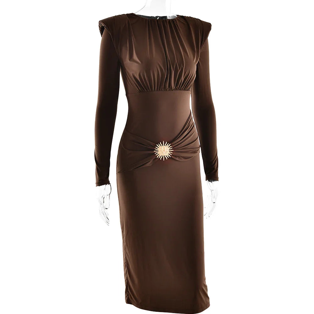 Long Sleeve Draped Metal Detail Maxi Dress