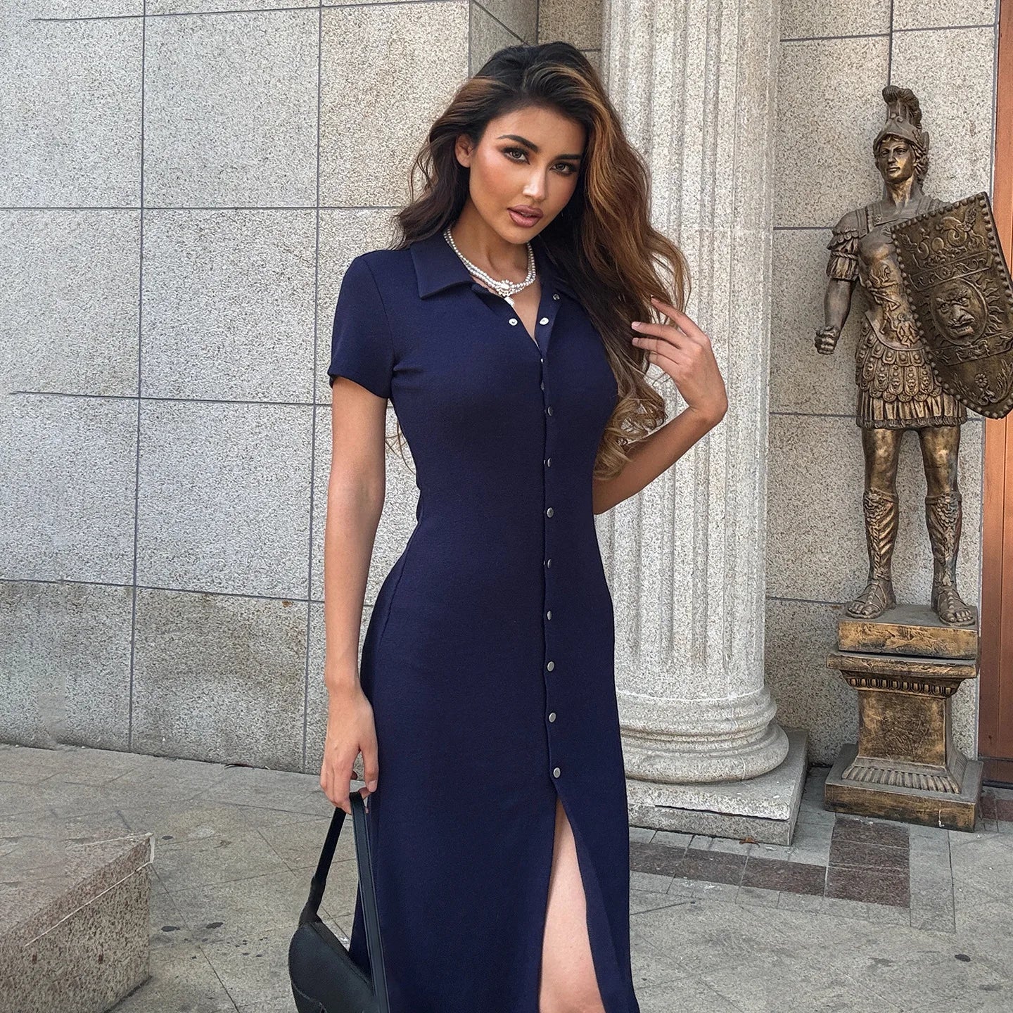 Knit Button-Down Midi Dress | Slim Lapel Office Outfit