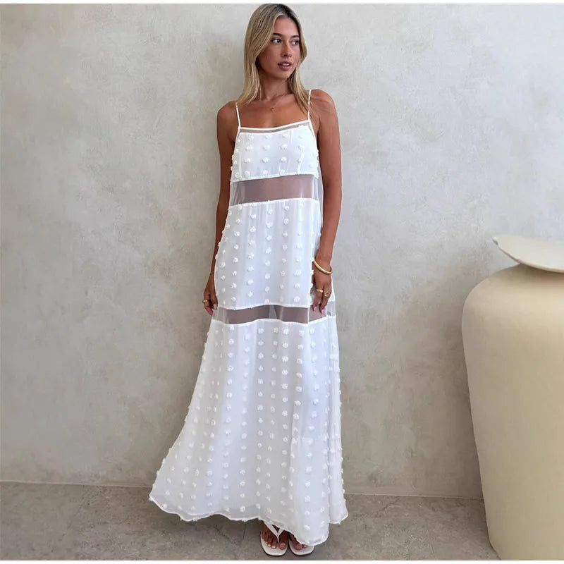 White Lace Strapless Long Dress – Patchwork Tube Dress for Summer Beach & Party