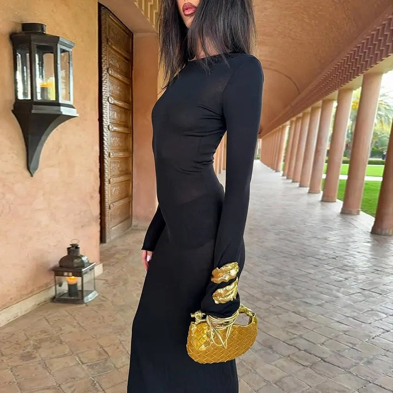 Backless Black Knit Maxi Dress | Gold Detail Event Look