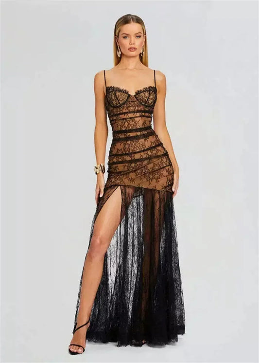Black Lace Mesh Bodycon Gown with Sheer Overlay