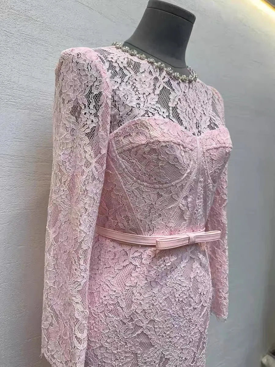 Pink Lace Long Sleeve Rhinestone Neck Bustier Midi Dress