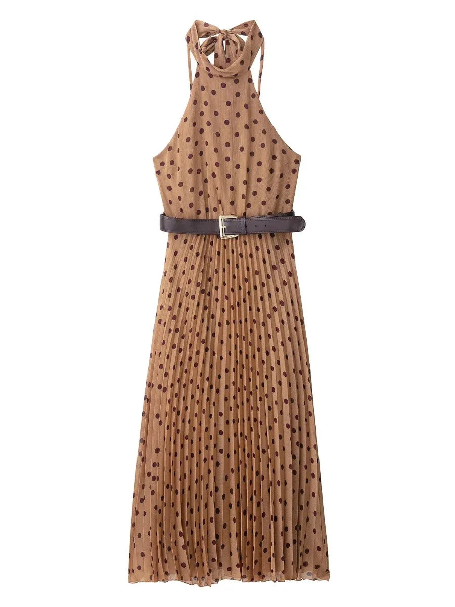 Brown polka dot dress with a belt on a white background