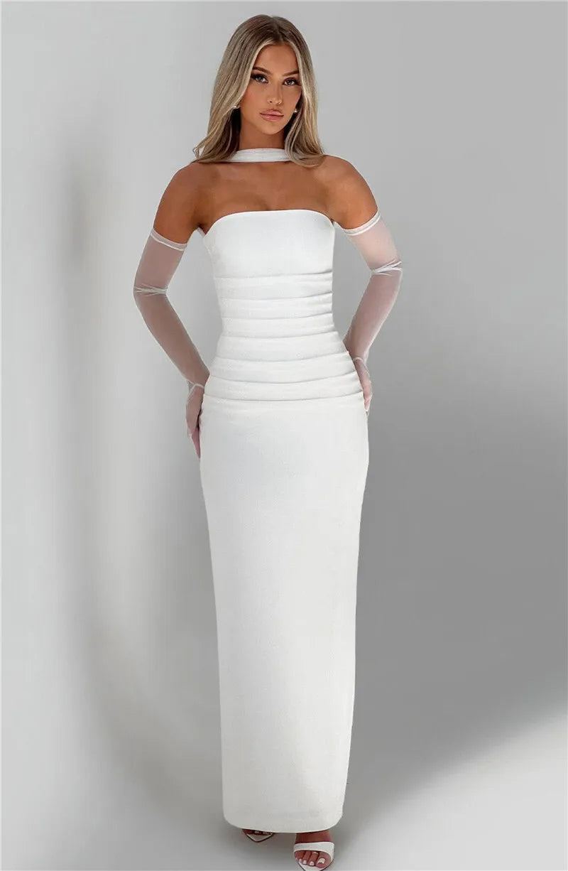 Scarf Collar Strapless Maxi Dress - Backless Bodycon Club & Party