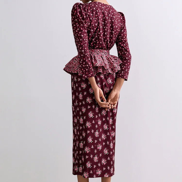 Floral Peplum Midi Dress | Elegant Evening Bodycon with Ruffle Detail