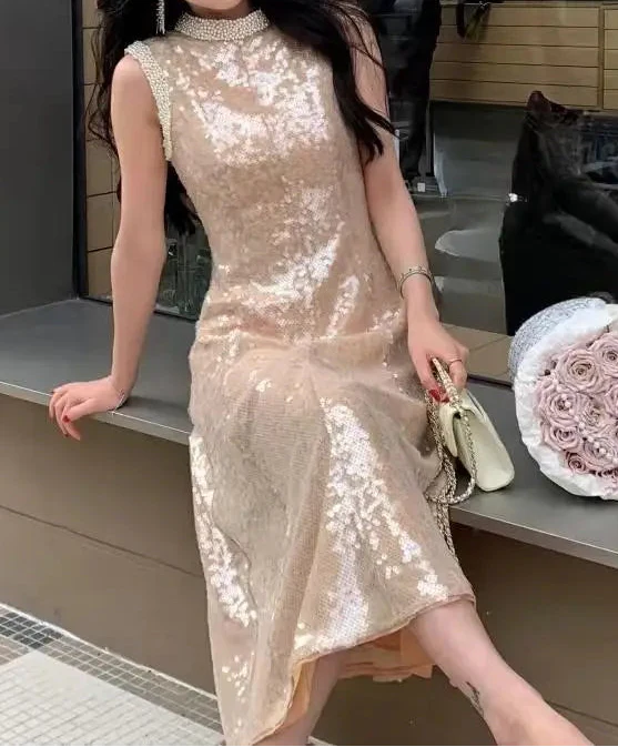 Gold Sequin Pearl Trim Round Neck Long Dress