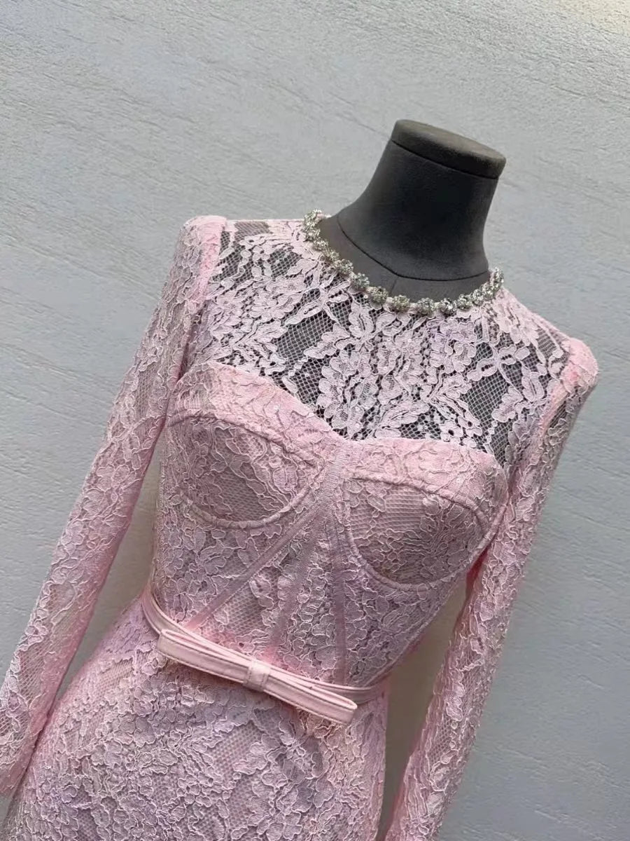 Pink Lace Long Sleeve Rhinestone Neck Bustier Midi Dress