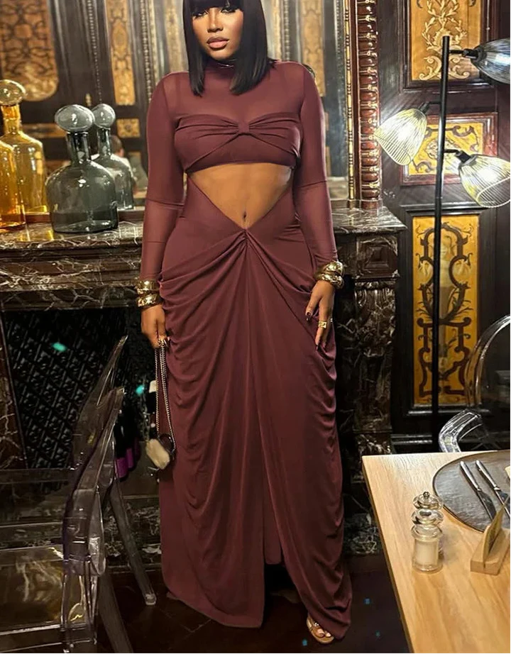 Brown Turtleneck Long Sleeve Mesh Cut Out Maxi Wrap Dress