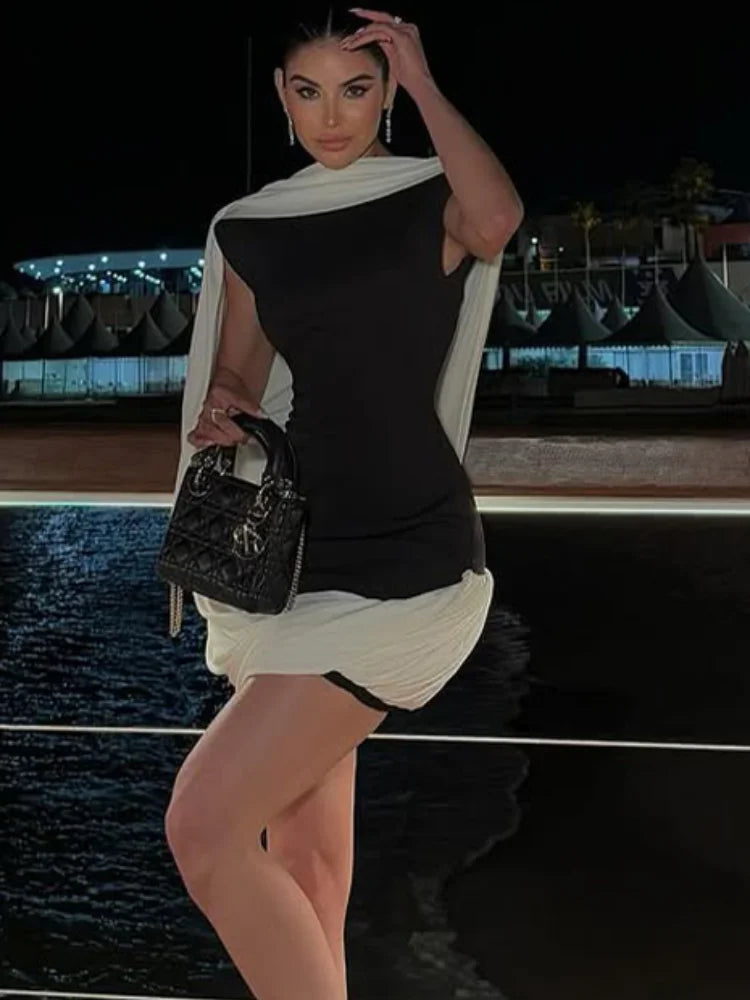 Black Mini Dress with Draped Cape Overlay