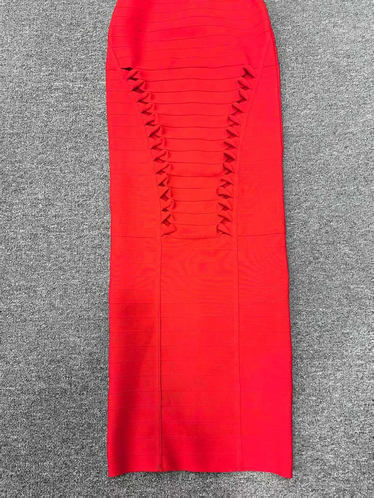 Red Spaghetti Strap Cut Out Bandage Maxi Dress