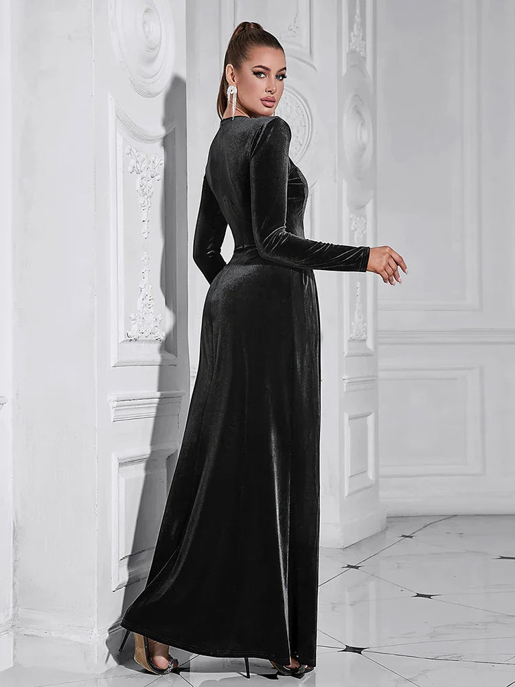 Black Velvet Sequin Mesh Dress | O Neck Long Sleeve Gown