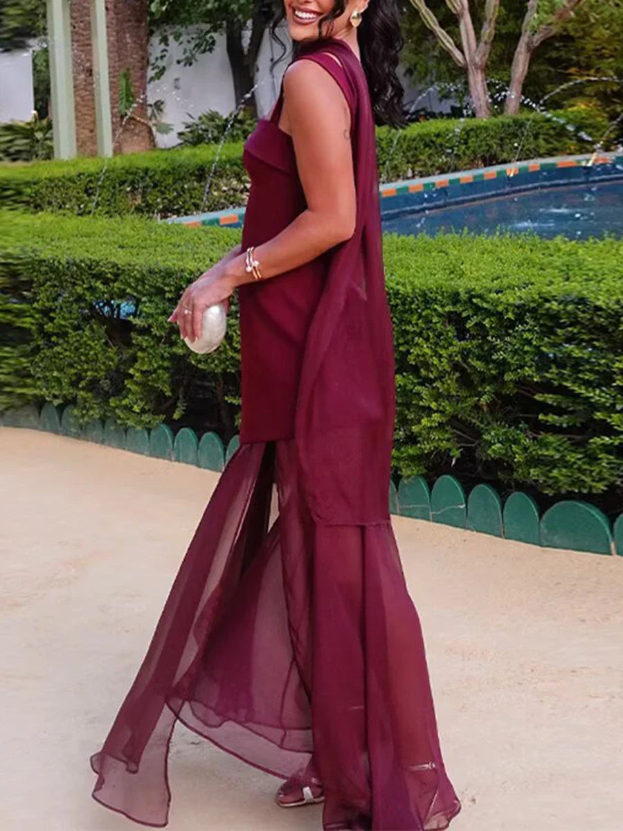 Ribbon Square Collar Sleeveless Mesh Split Long Dress