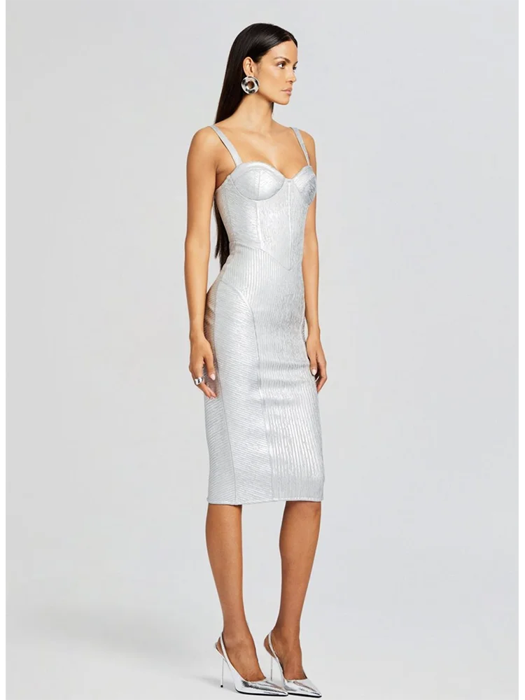 Silver Foil V Neck Bandage Dress | Spaghetti Strap Midi Gown