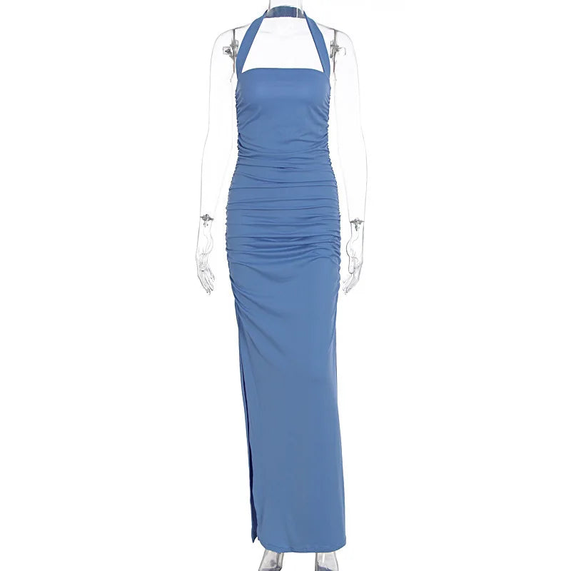 Blue Pleated Halter Maxi Dress | Elegant Summer Party Edit