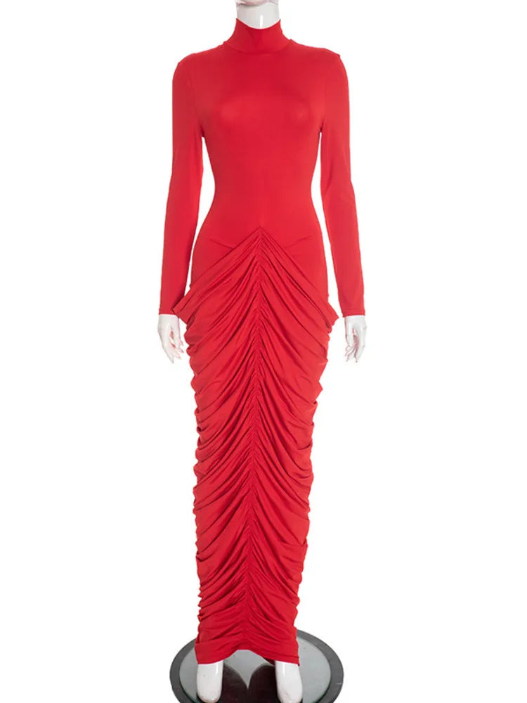 Turtleneck Ruched Long Sleeve Maxi Dress