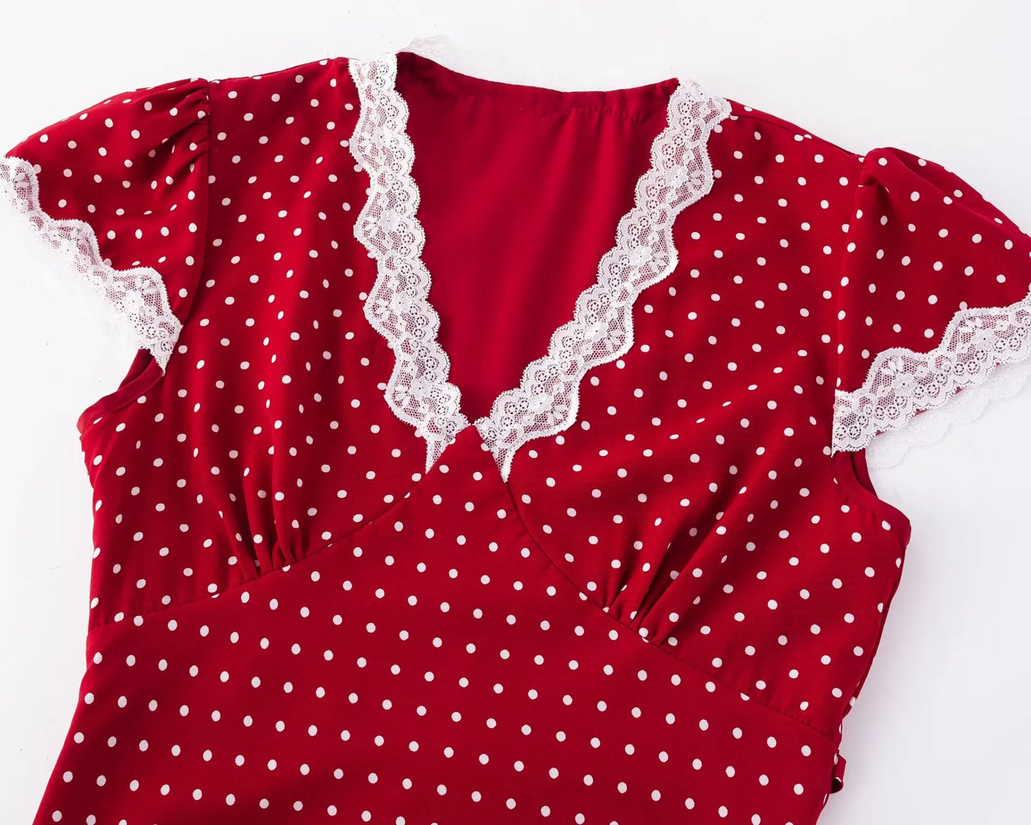 Red Polka Dot Midi Dress - Lace Trim V-Neck Holiday Robe