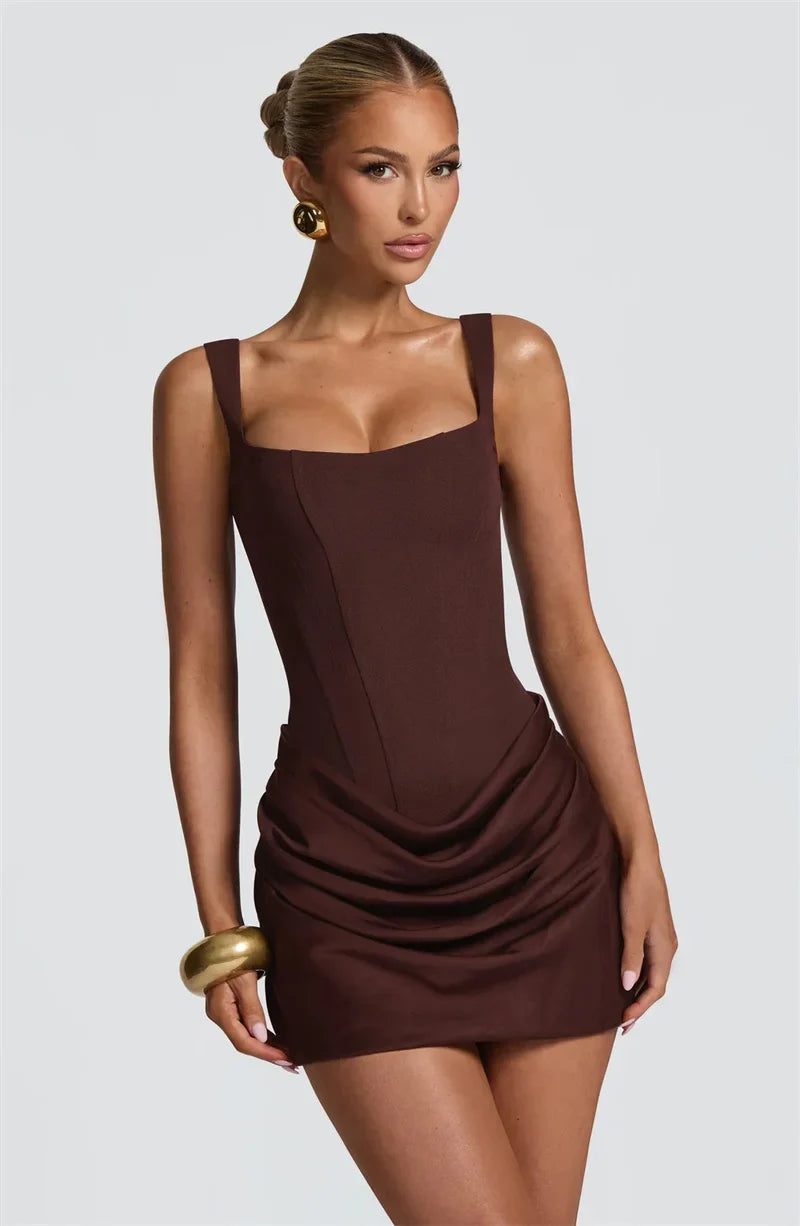 Brown Backless Mini Dress | Square Neck A-Line Party Edit