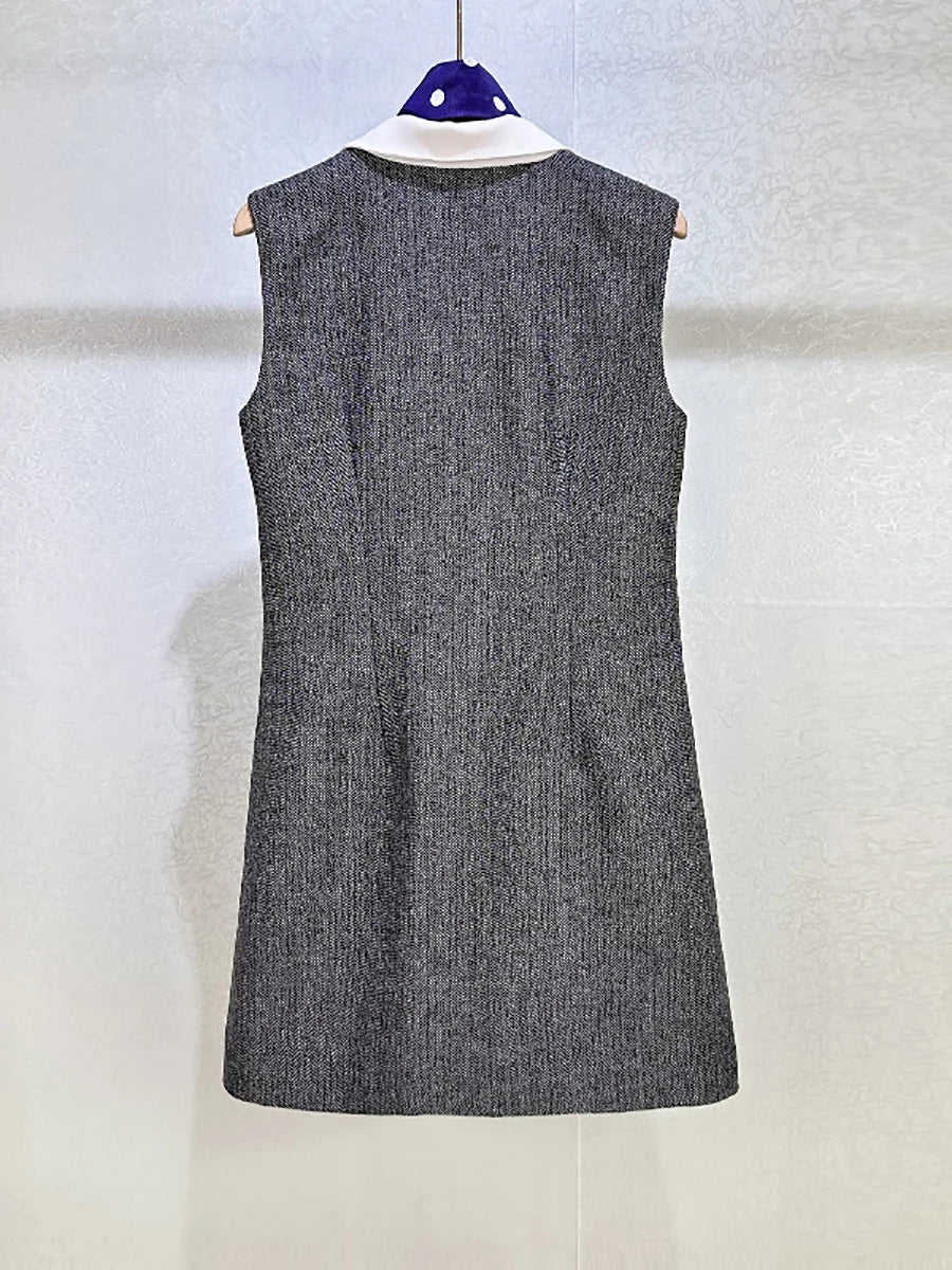 Sleeveless Round Neck Double-Breasted Grey Mini Dress