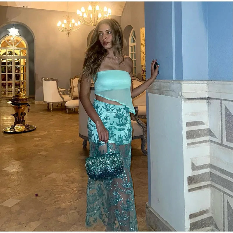 Strapless Sequin Skirt Set | Leaf Mesh Party Co-Ord