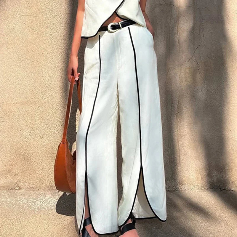 White Contrast Vest & Wide-Leg Trouser Set | Effortless Modern Outfit