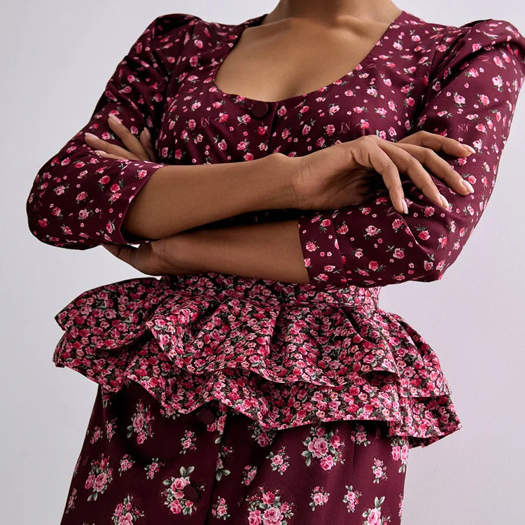 Floral Peplum Midi Dress | Elegant Evening Bodycon with Ruffle Detail