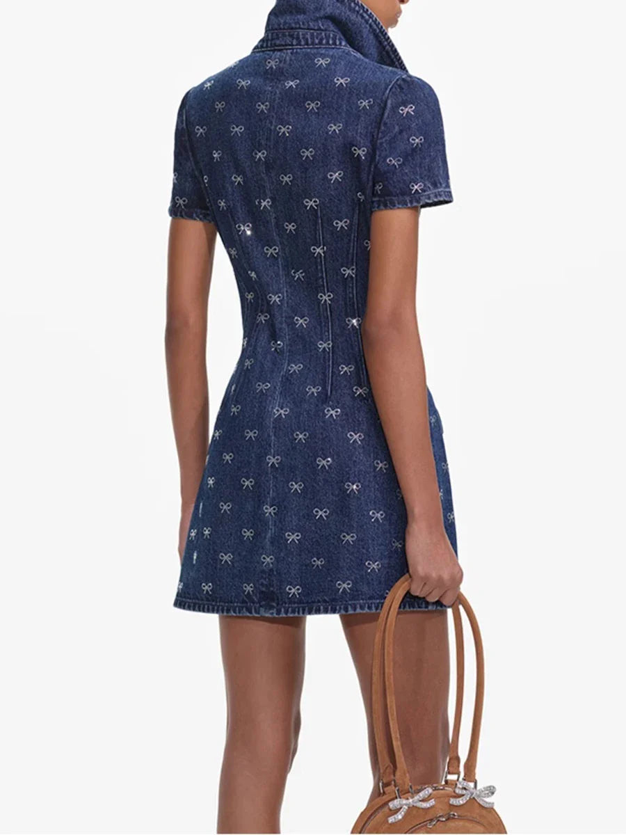 Denim Bowknot Short-Sleeve Pocket Mini Dress