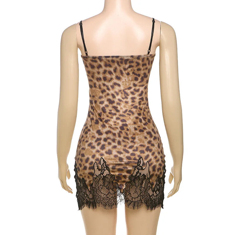 Patchwork Leopard Print Mini Dress - Spaghetti Strap High Waist
