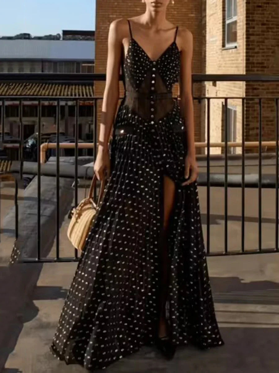 Pleated Sheer Cut-Out Buttoned Maxi Dress