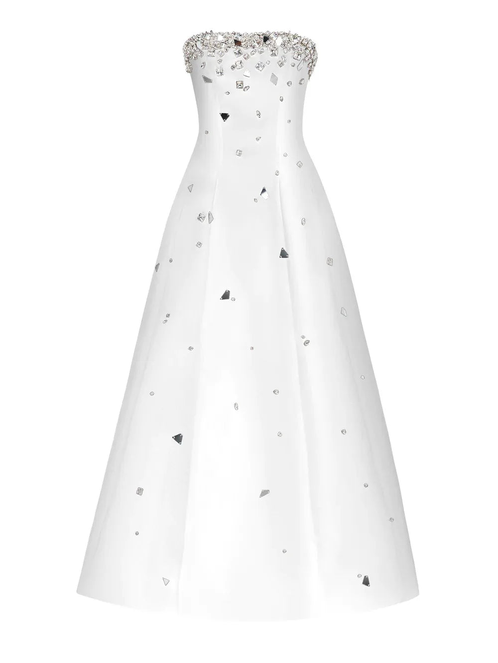 White strapless evening gown with black heart patterns and silver embellishments on a white background