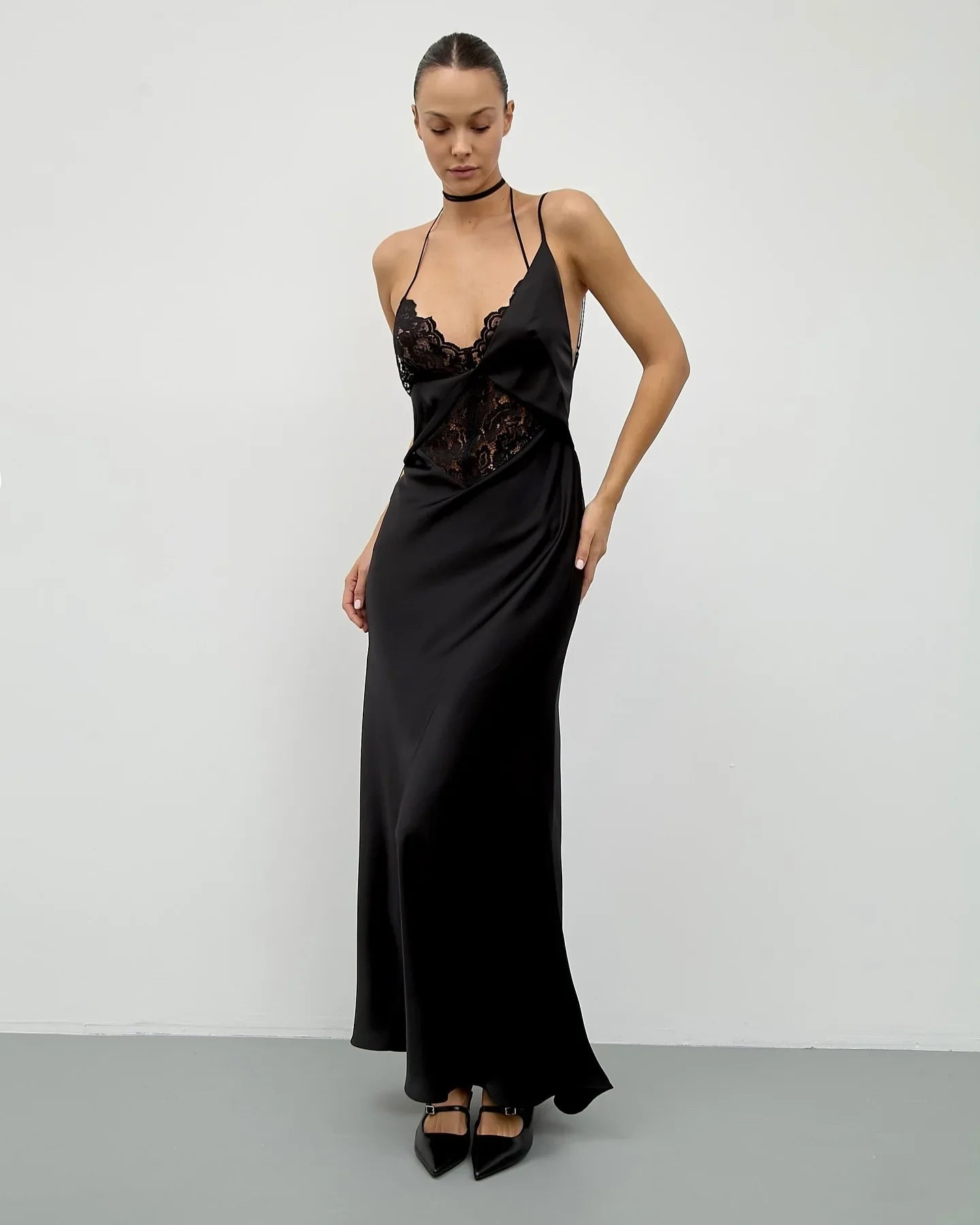 Satin Lace Trim Strappy Maxi Dress