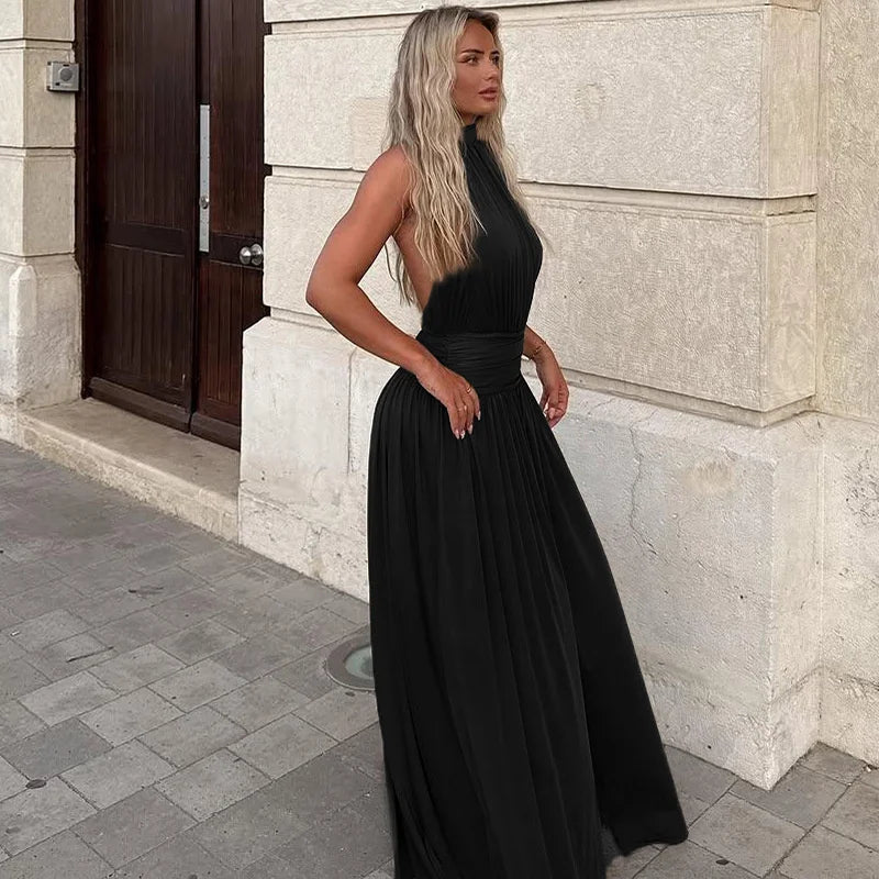 Halter Backless Split Gown | Elegant Pleated Maxi Dress