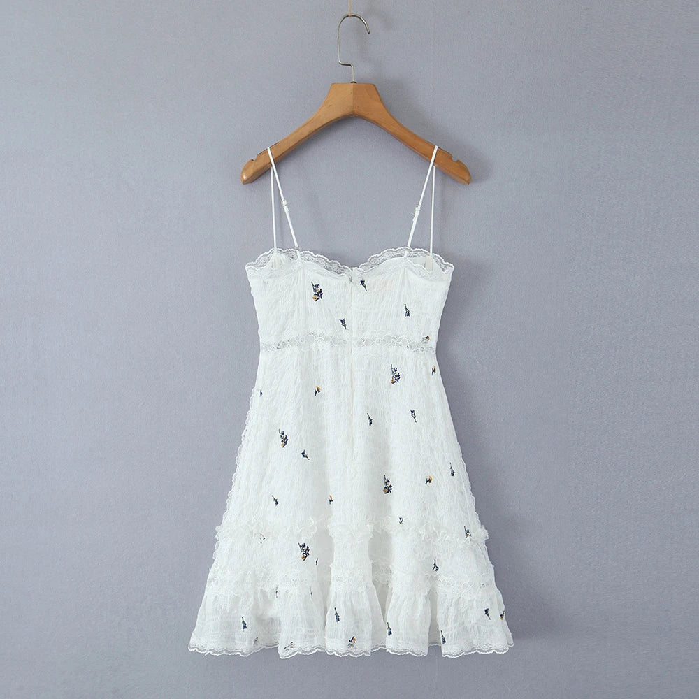 White Lace Mini Dress with Black Floral Embroidery