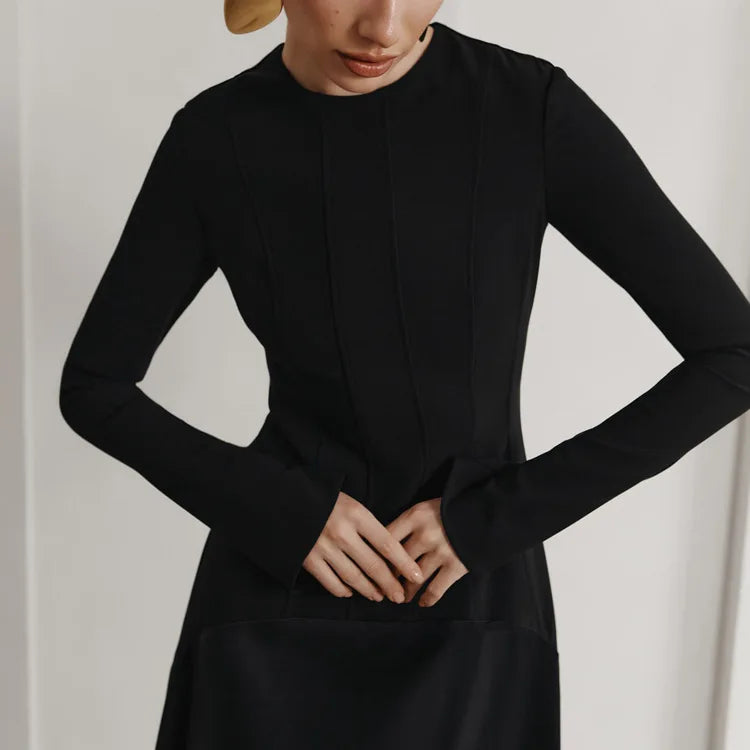 Black Long Sleeve Satin Patchwork Maxi Dress