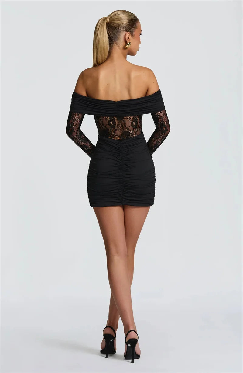 Off-Shoulder Lace Illusion Ruched Mini Dress
