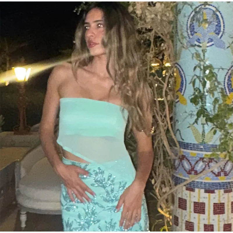 Strapless Sequin Skirt Set | Leaf Mesh Party Co-Ord