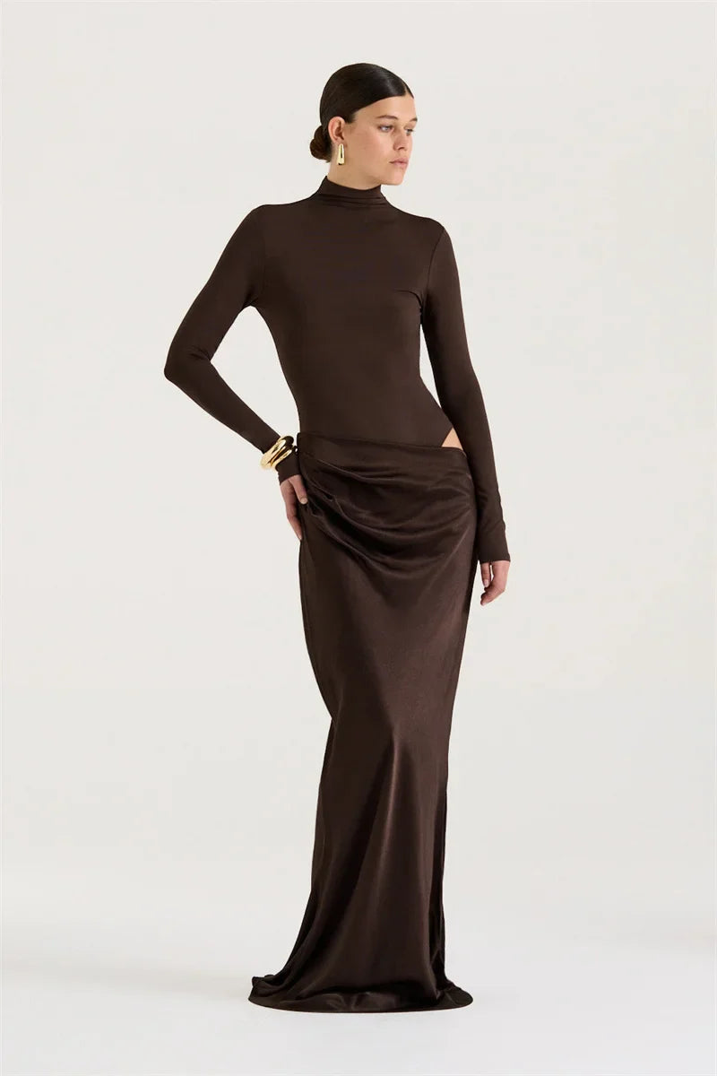 Turtleneck Ruched Maxi Dress | Sleek Fall Evening Look