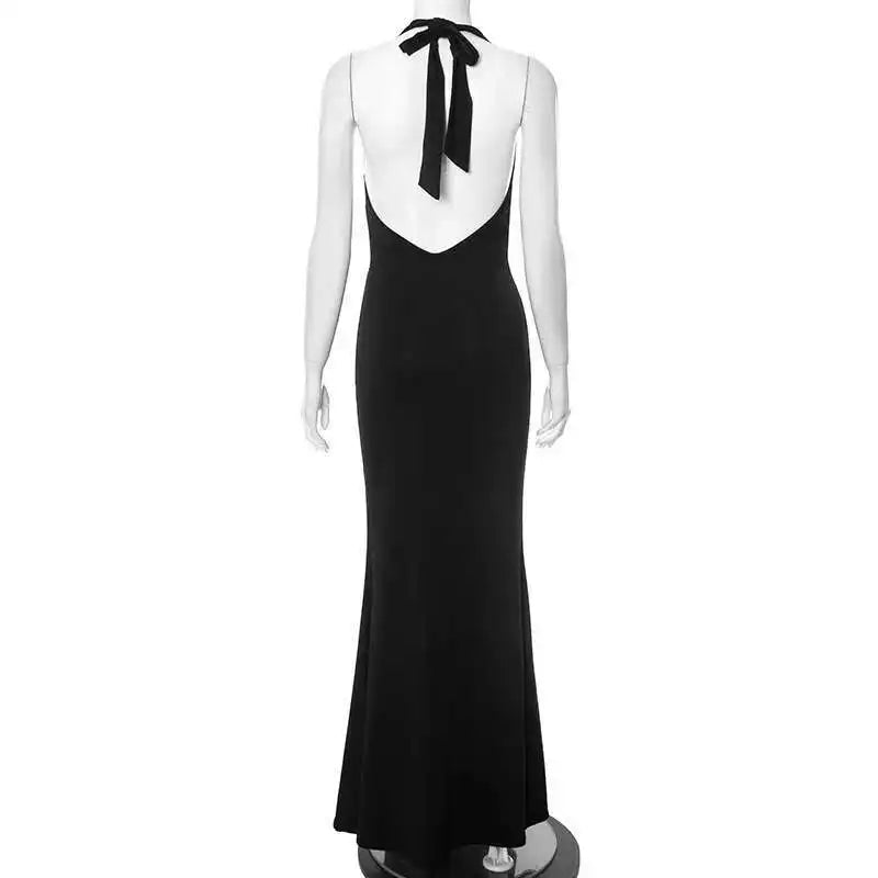 Black Lace Spliced Deep V Halter Evening Gown