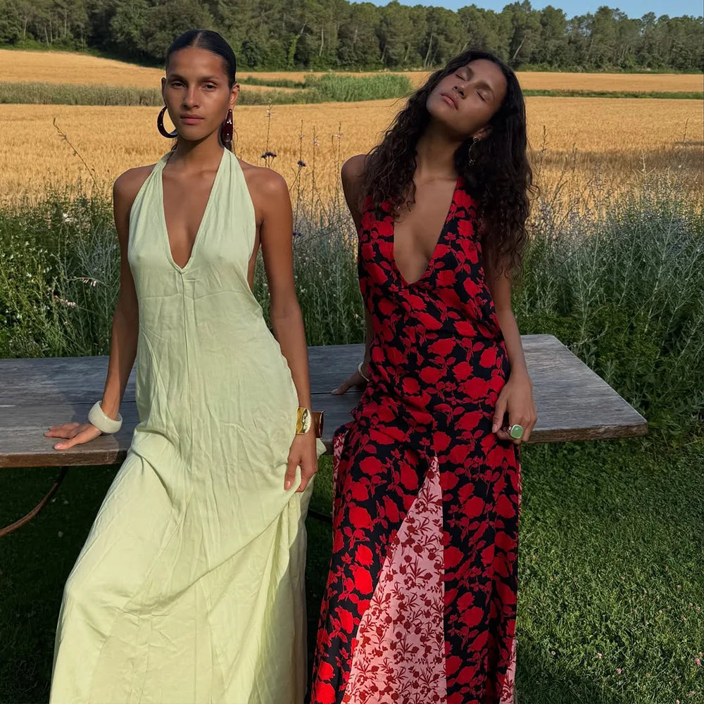 Red & Black Deep V Floral Halter Maxi Dress – Backless Party Gown