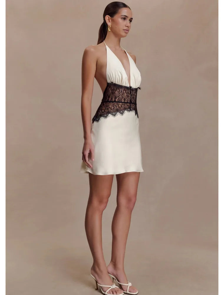 White Satin Lace Patchwork Mini Dress