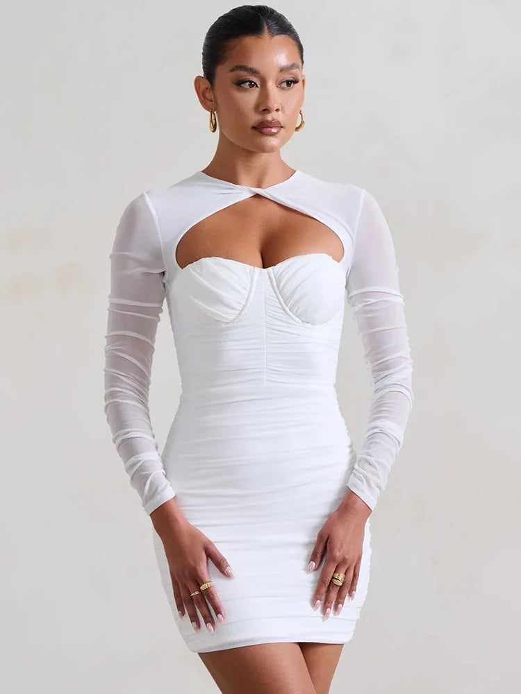 Mesh Pleated Cutout Mini Dress