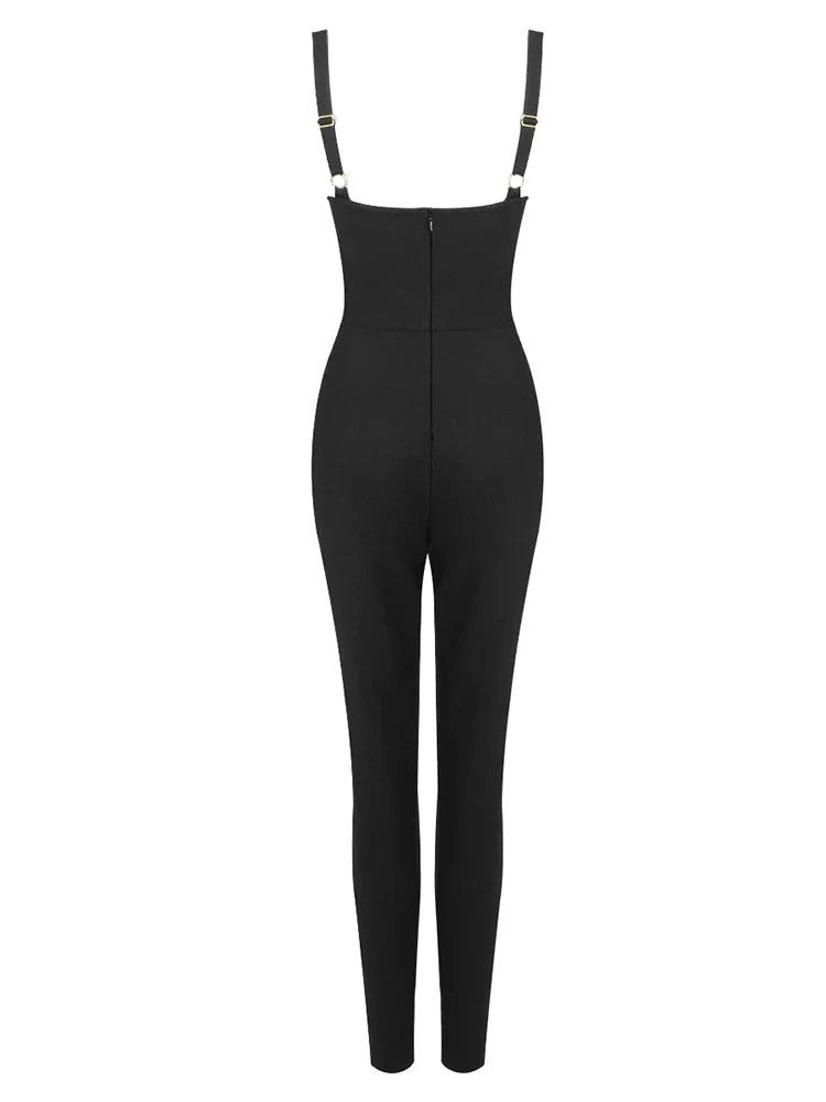 Black Deep V Neck Bandage Jumpsuit | Slim Pencil Pants