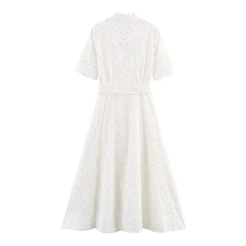 Elegant White Embroidered Belted Maxi Dress