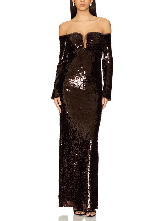 Brown Sequin Slash-Neck Sleeveless Maxi Dress