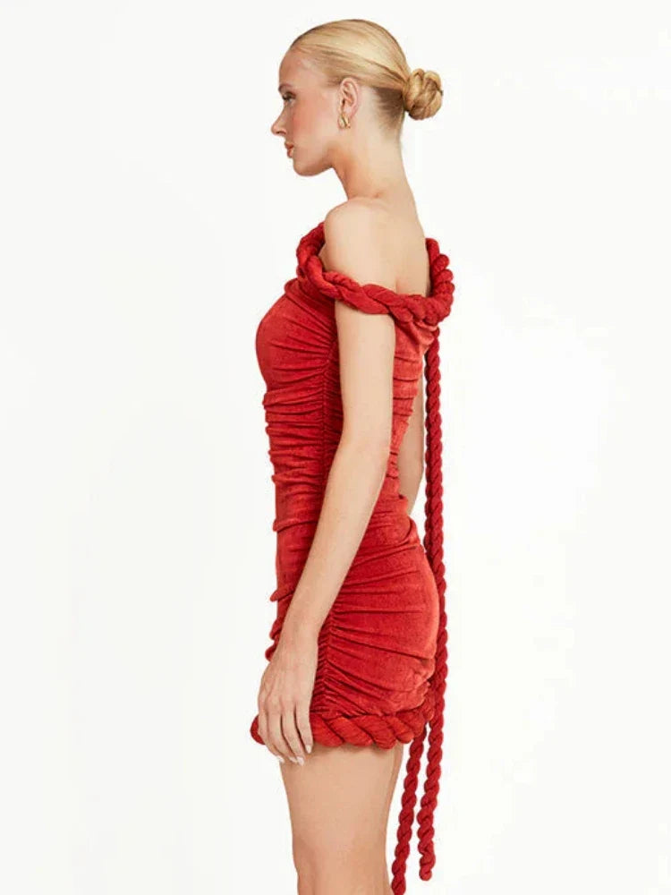 Red One-Shoulder Draped Mini Dress with Twist Knot