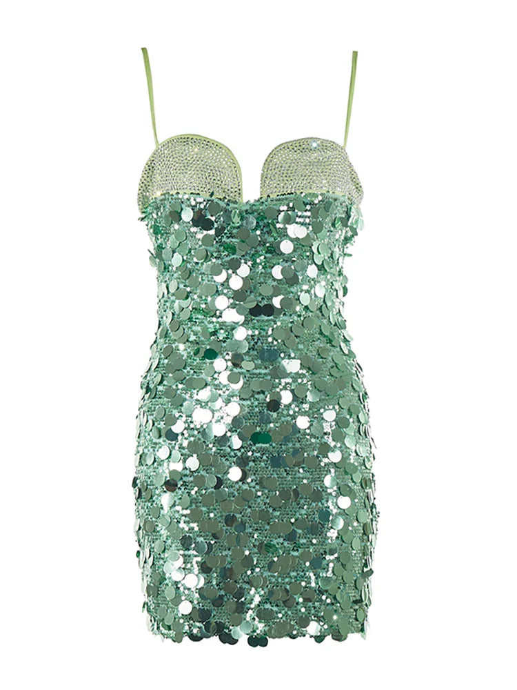 Green sequin dress with thin straps on a white background