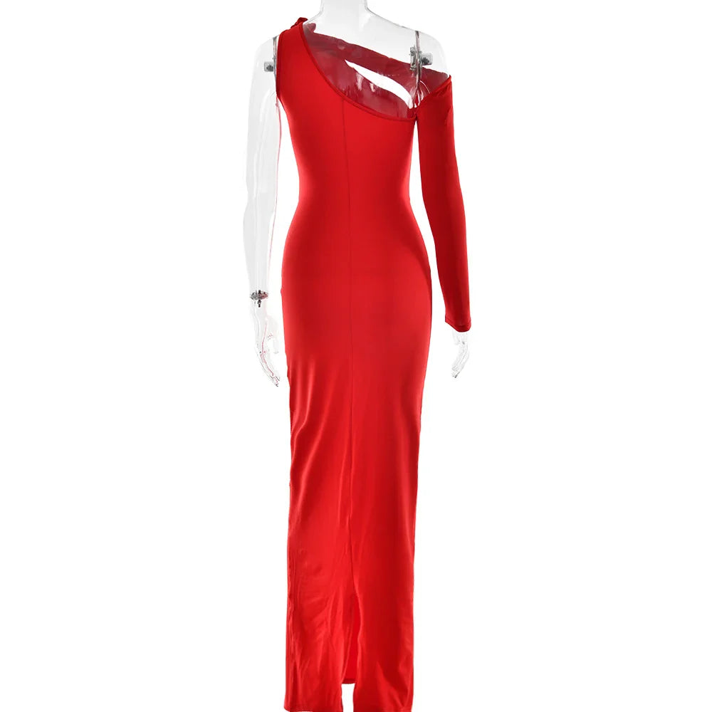 One-Shoulder 3D Flower Cut-Out Maxi Dress