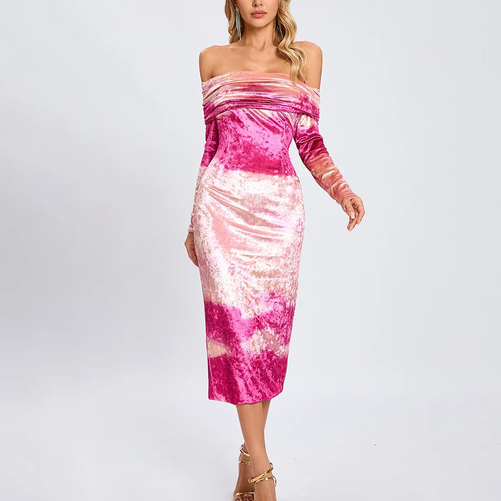 Blue Gradient Tie Dye Off Shoulder Midi Dress | Party Elegance