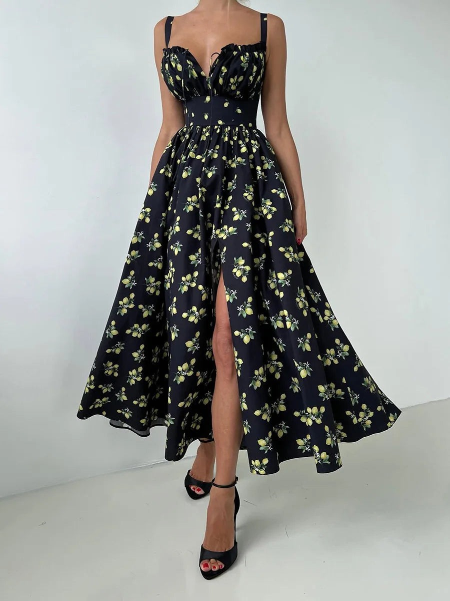 Black Floral V-Neck Maxi Dress with Slit