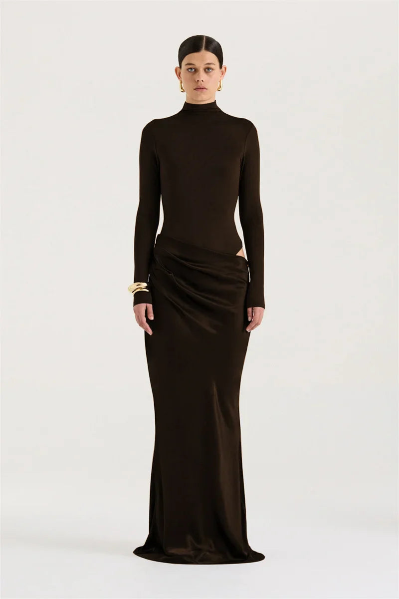 Turtleneck Ruched Maxi Dress | Sleek Fall Evening Look