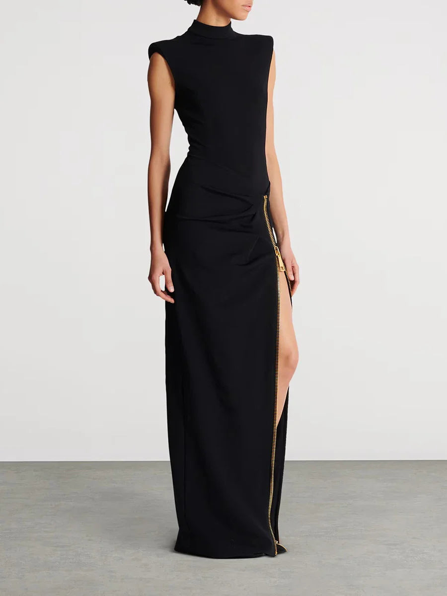 Black Stand Neck Gold Zipper Details High Slit Maxi Dress